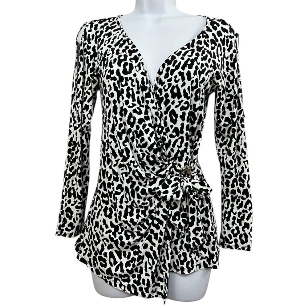 Vtg Y2K Cache Faux Wrap Top S Black White Animal Print Stretch Slim Mob Wife‎